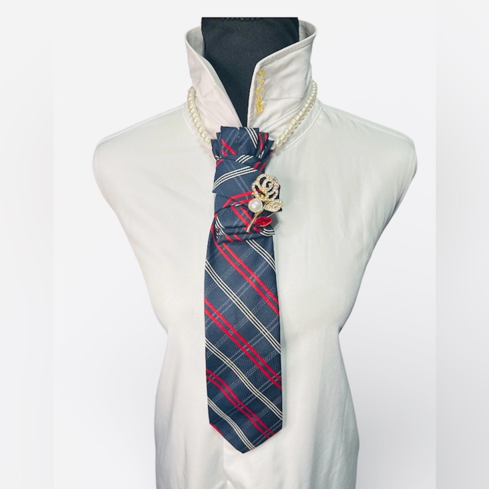 Vogue Navy/Red Striped Plaid Necktie with Rose Brooch